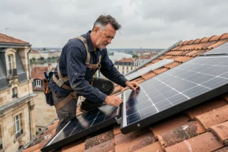 Technicien solaire installant un panneau photovoltaïque sur un toit en tuiles à Bordeaux