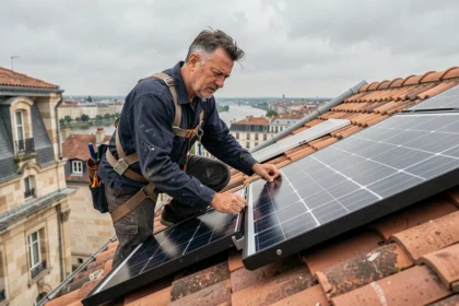 Technicien solaire installant un panneau photovoltaïque sur un toit en tuiles à Bordeaux