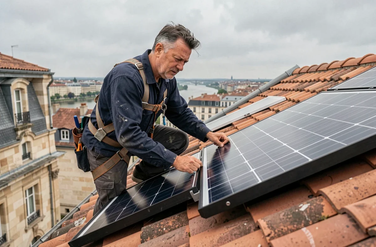 Technicien solaire installant un panneau photovoltaïque sur un toit en tuiles à Bordeaux