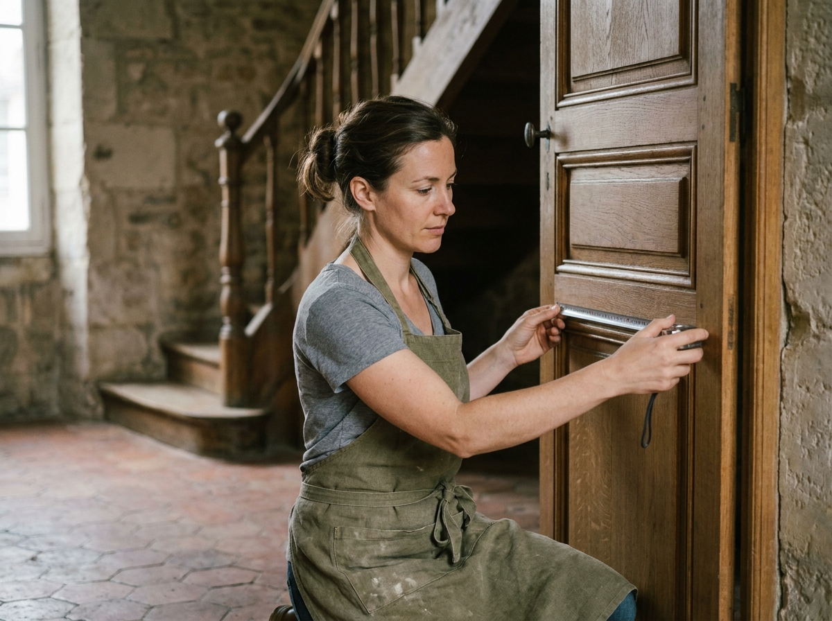 Menuisière ajustant une porte d'entrée en bois massif dans une maison ancienne
