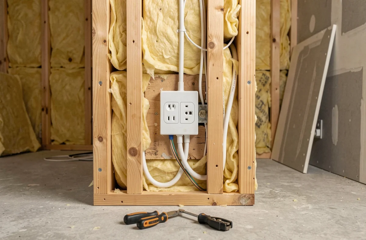 Installation d'une prise électrique double dans une cloison ouverte avec câblage et montants en bois lors d'une rénovation de bureau