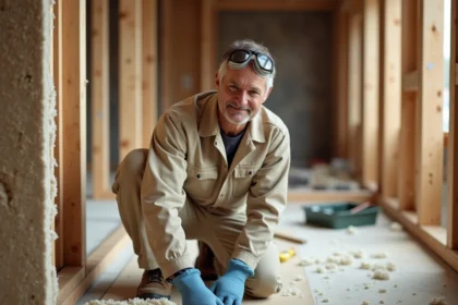 Professionnel du bâtiment appliquant de la laine minérale conforme dans une cavité murale lors d'une rénovation résidentielle