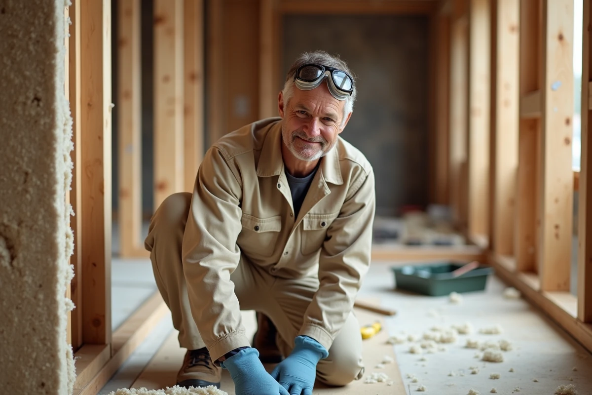 Professionnel du bâtiment appliquant de la laine minérale conforme dans une cavité murale lors d'une rénovation résidentielle