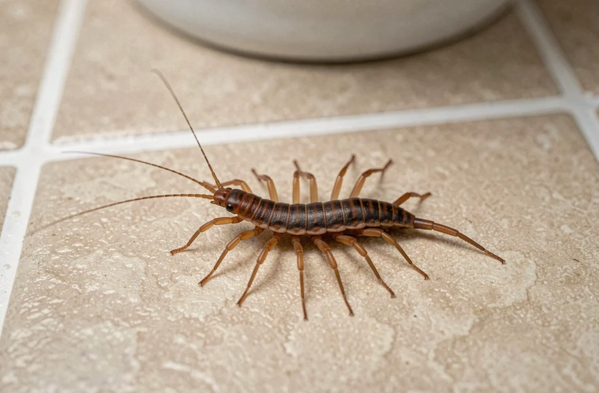 Gros plan d'un iule de maison (scolopendre des maisons) sur le carrelage d'une salle de bain