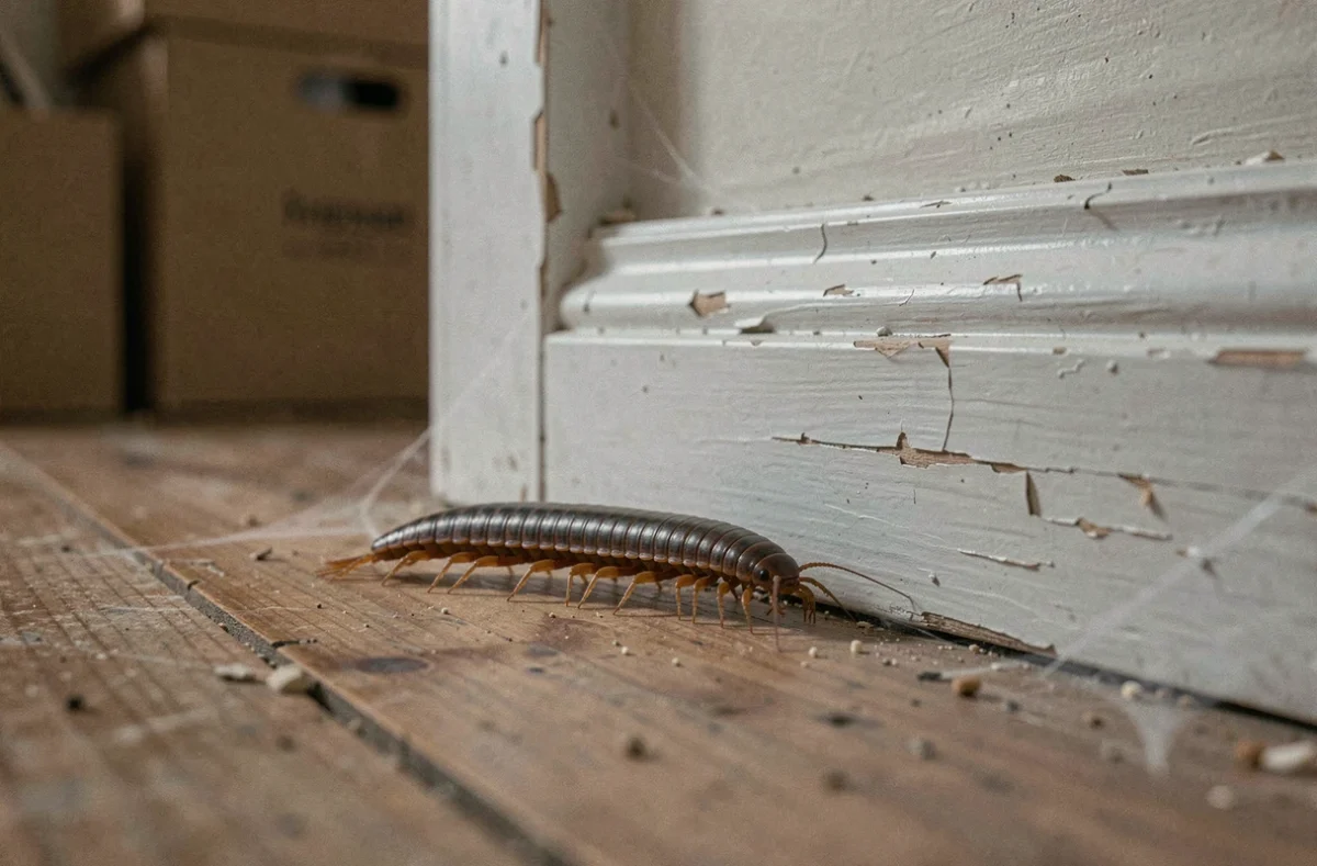 Iule de maison se déplaçant le long d'une plinthe en bois dans un intérieur domestique
