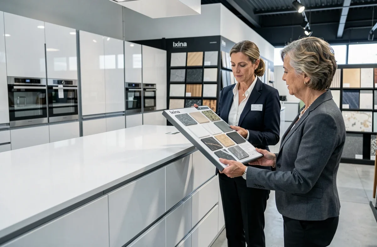 Showroom Ixina à Brive-la-Gaillarde avec cuisine laquée blanche brillante et plan de travail en quartz