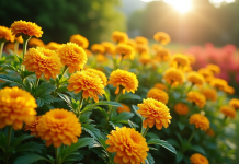 Jardin coloré avec fleurs de kerria et kniphofia en pleine floraison