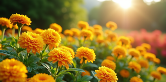 Jardin coloré avec fleurs de kerria et kniphofia en pleine floraison
