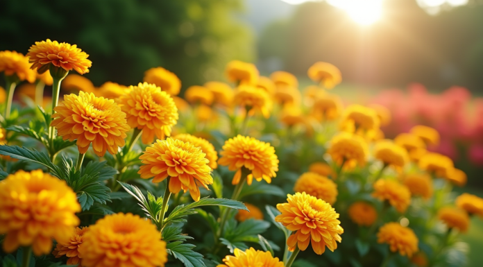Jardin coloré avec fleurs de kerria et kniphofia en pleine floraison