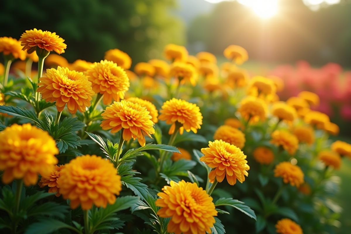 Jardin coloré avec fleurs de kerria et kniphofia en pleine floraison