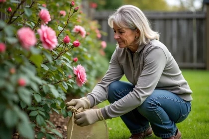 Femme d'âge moyen en vêtements de jardinage protège des rosiers
