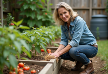 Femme au jardin mulchant des tomates jeunes