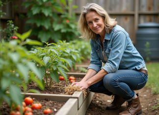 Adaptation au changement climatique dans son jardin : conseils pratiques et astuces Femme au jardin mulchant des tomates jeunes