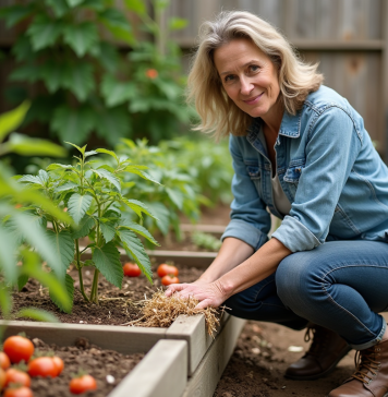 Adaptation au changement climatique dans son jardin : conseils pratiques et astuces Femme au jardin mulchant des tomates jeunes