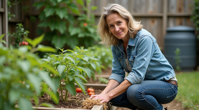 Adaptation au changement climatique dans son jardin : conseils pratiques et astuces Femme au jardin mulchant des tomates jeunes