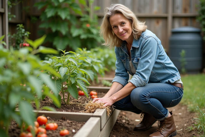 Femme au jardin mulchant des tomates jeunes
