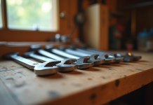 Jeu de clés ajustables sur un plan de travail en bois