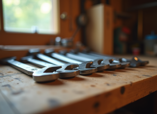 Jeu de clés ajustables sur un plan de travail en bois