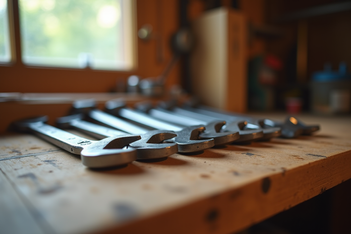 jeu-cle-adjustable-banc-travail Jeu de clés ajustables sur un plan de travail en bois