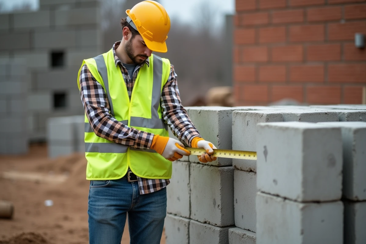 Jeune apprenti en construction mesurant une brique avec un mètre
