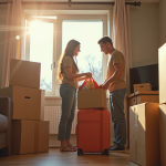 Jeune couple emballant leurs affaires dans un petit appartement