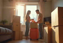 Jeune couple emballant leurs affaires dans un petit appartement