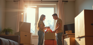 Jeune couple emballant leurs affaires dans un petit appartement