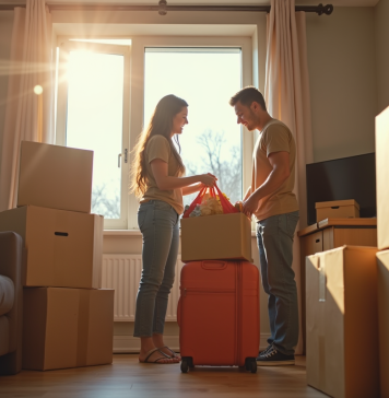 Jeune couple emballant leurs affaires dans un petit appartement