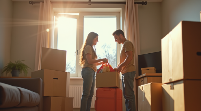 Jeune couple emballant leurs affaires dans un petit appartement