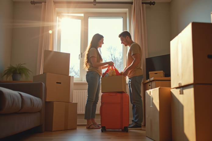 jeune-couple-emballage-essentiels Jeune couple emballant leurs affaires dans un petit appartement