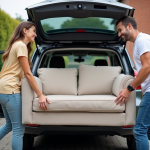 Jeune couple déplaçant un canapé dans une voiture en extérieur