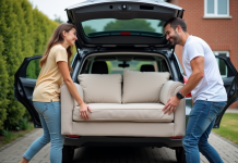 Jeune couple déplaçant un canapé dans une voiture en extérieur