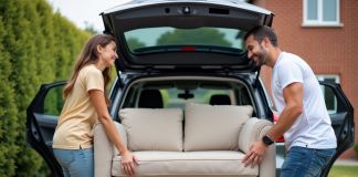 Jeune couple déplaçant un canapé dans une voiture en extérieur