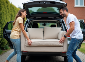 Jeune couple déplaçant un canapé dans une voiture en extérieur