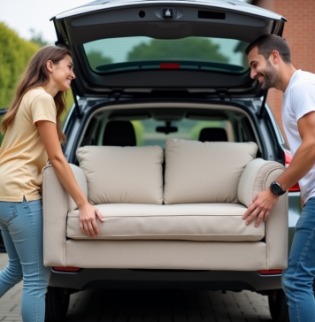 Jeune couple déplaçant un canapé dans une voiture en extérieur