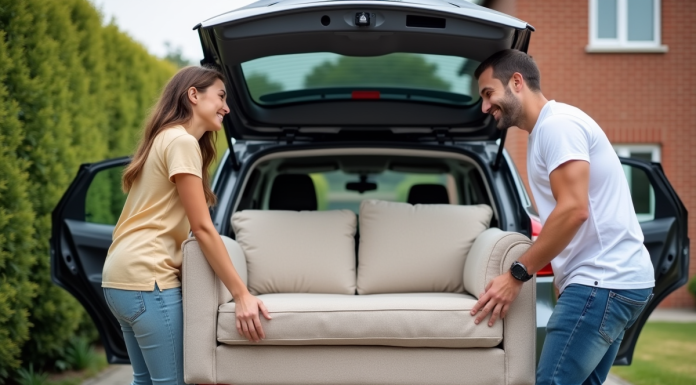 Jeune couple déplaçant un canapé dans une voiture en extérieur
