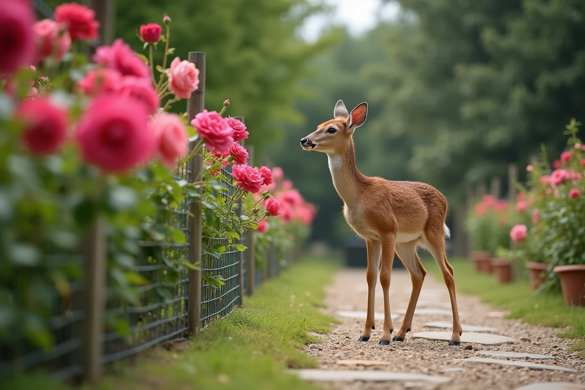 Jeune cerf curieux près de rosiers protégés dans un jardin rural