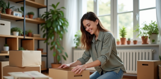 Jeune femme assemble des cartons dans une maison lumineuse