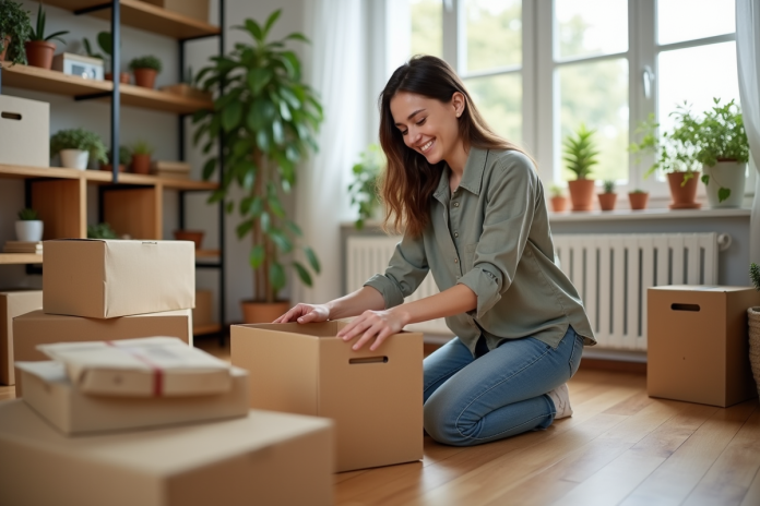 Jeune femme assemble des cartons dans une maison lumineuse