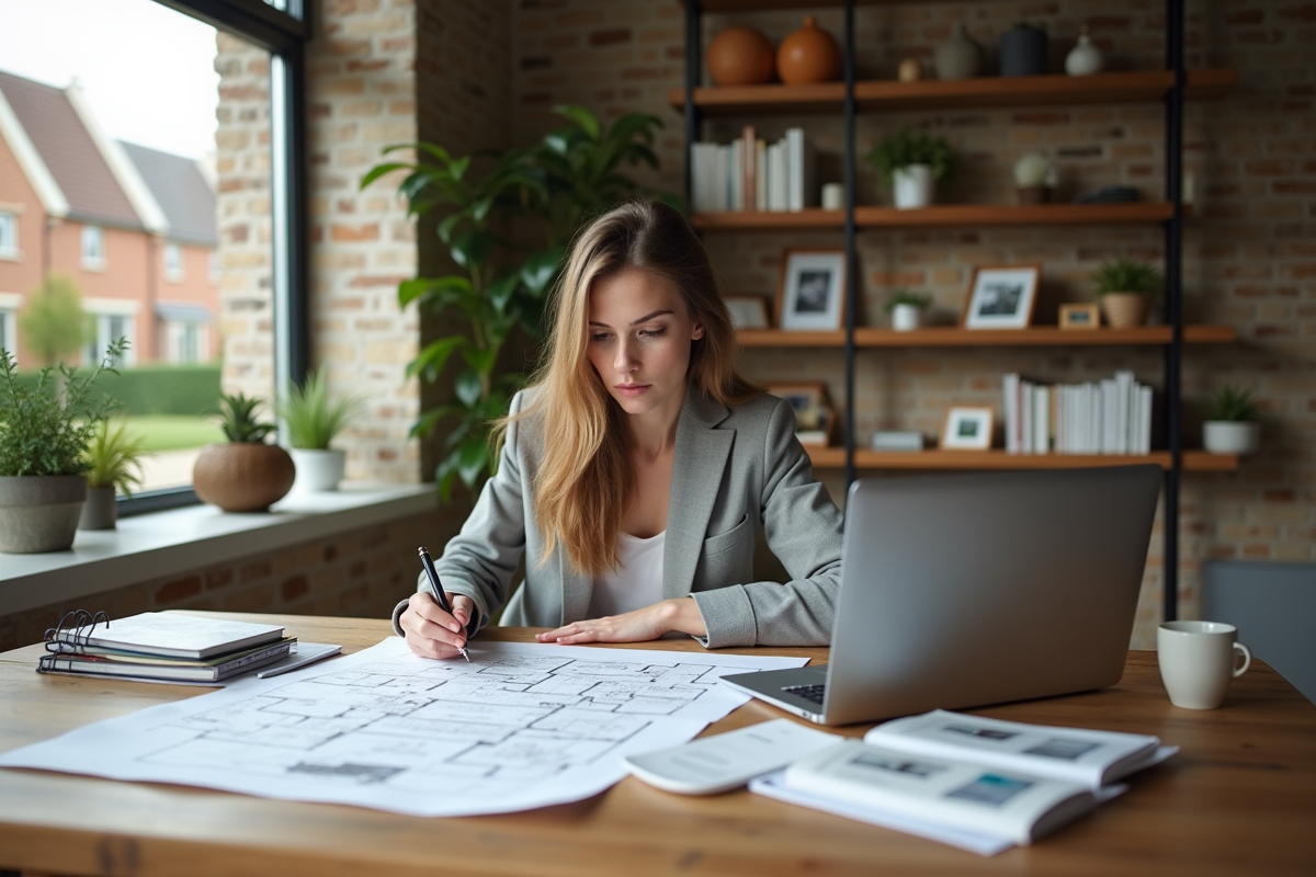 Jeune femme examinant un plan immobilier dans un salon lumineux