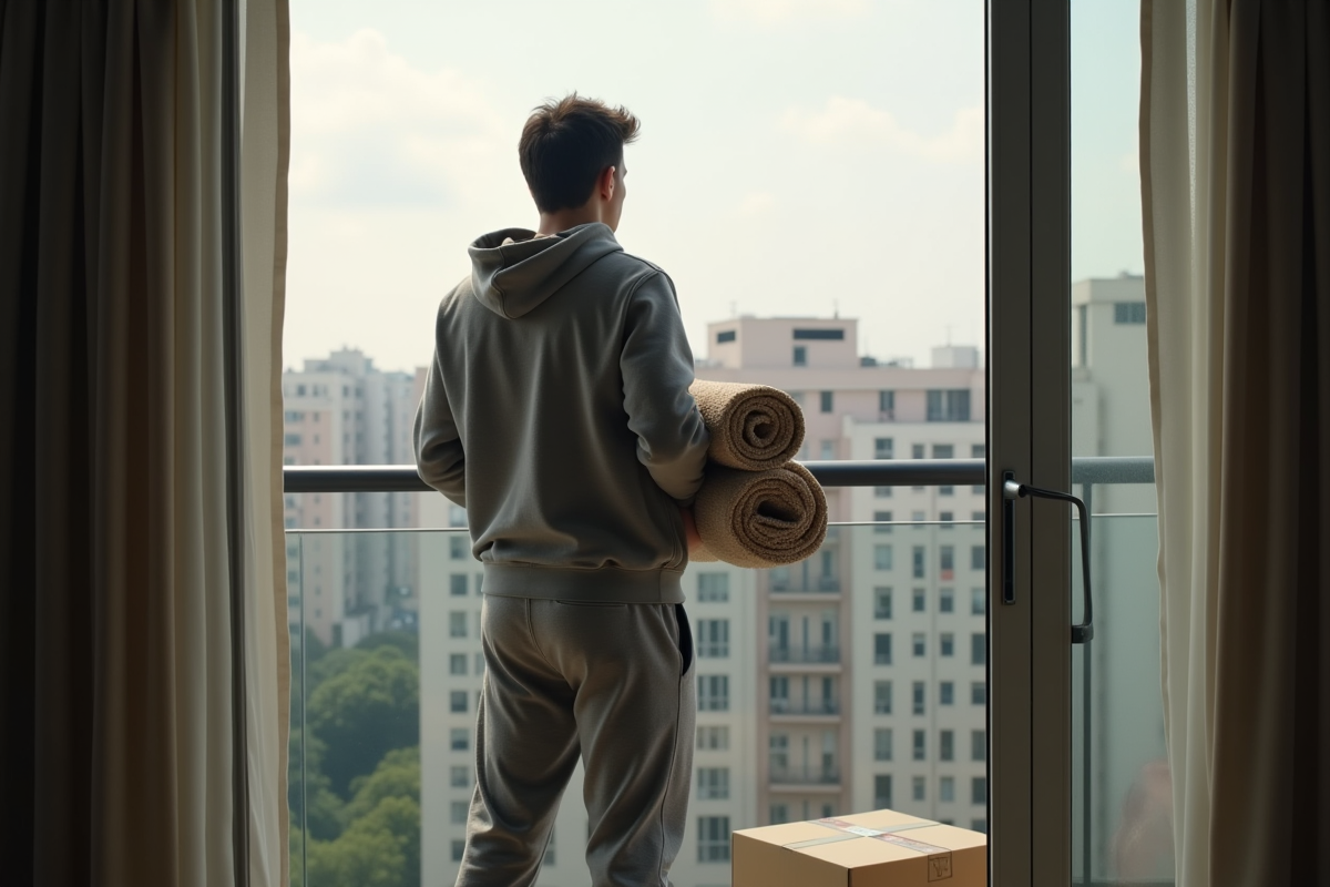 Jeune homme regardant la ville depuis son balcon