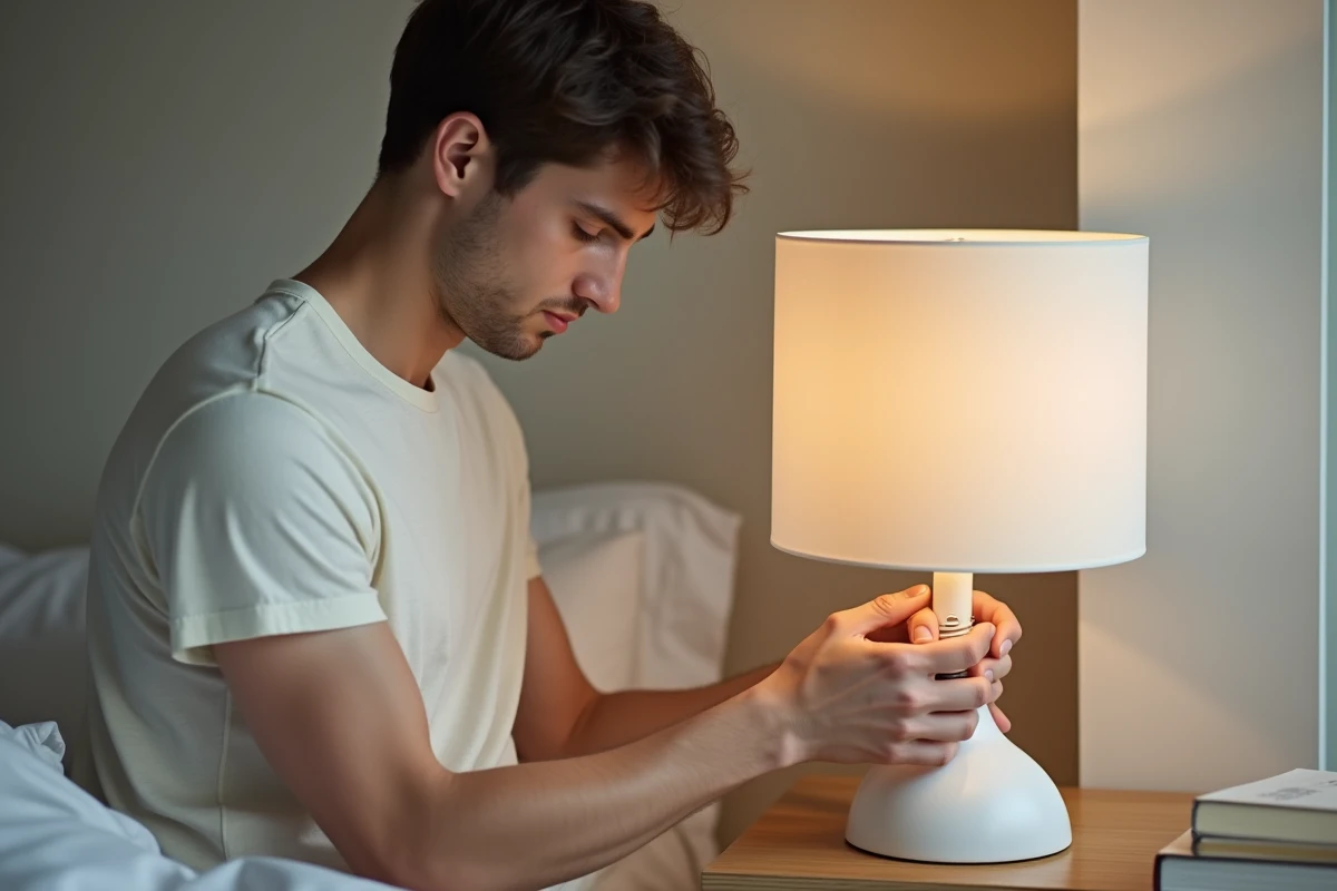 Jeune homme installant une ampoule dans une lampe moderne