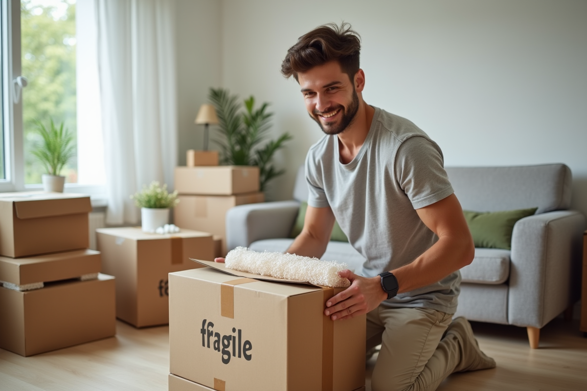 Jeune homme scellant une boîte fragile dans le salon