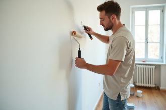 Jeune homme peignant un mur d'appartement avec un rouleau