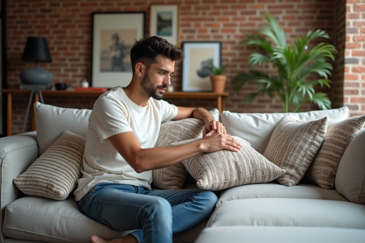 Jeune homme choisissant des coussins dans un appartement urbain