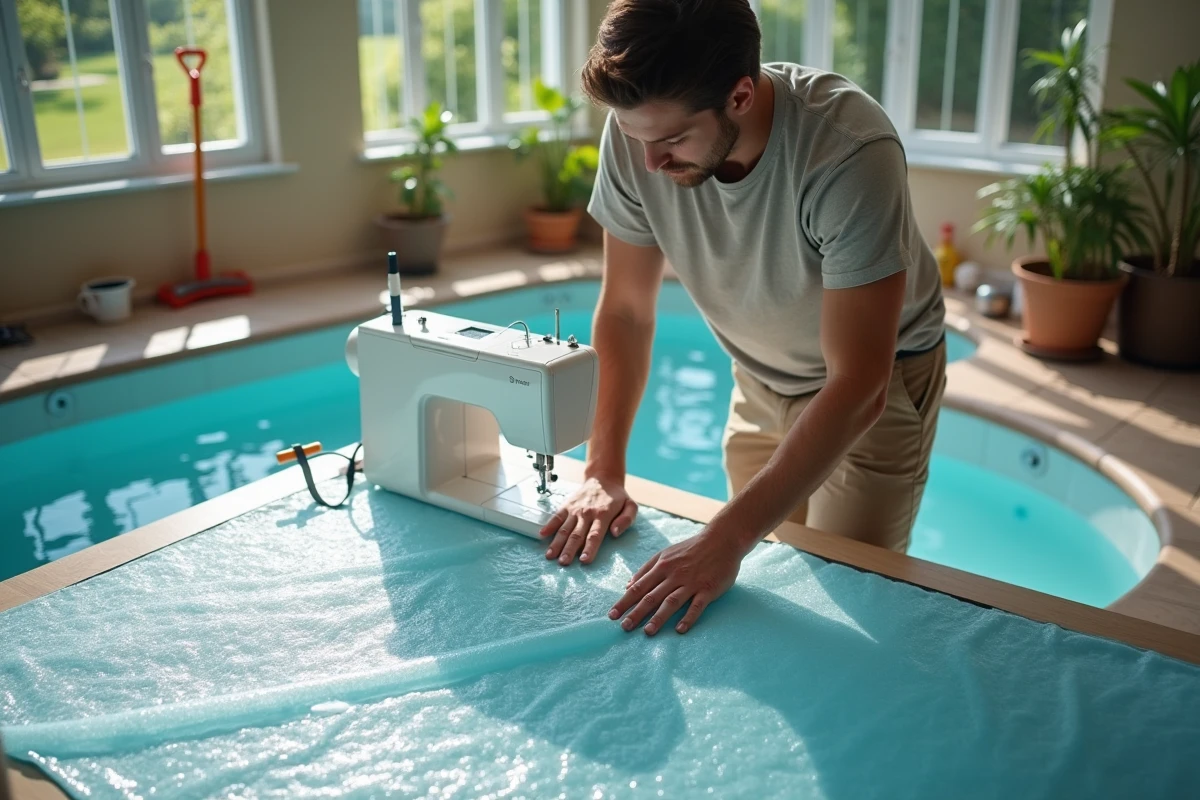 Jeune homme vérifiant une couverture de piscine à la maison