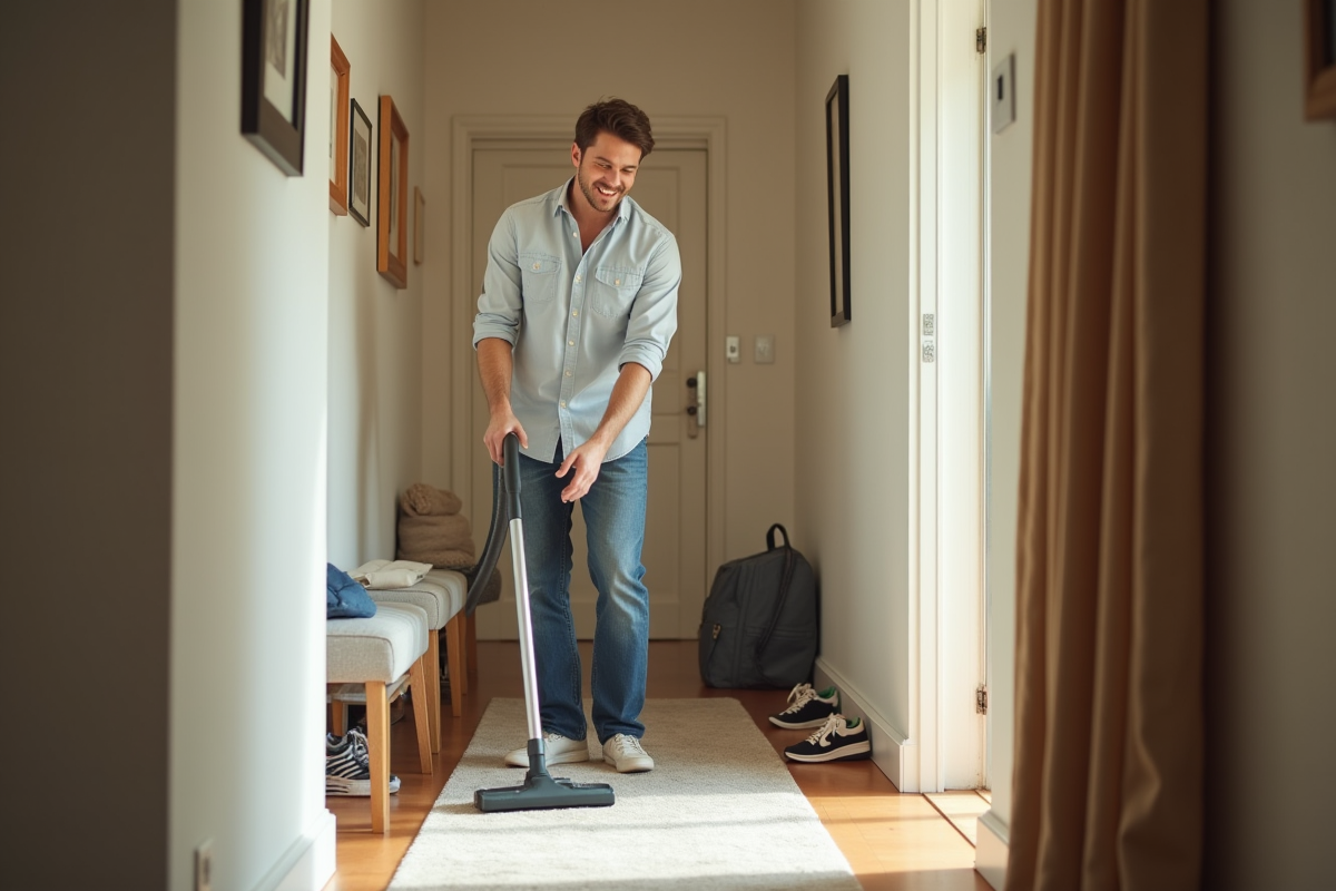 Jeune homme souriant nettoyant un couloir lumineux