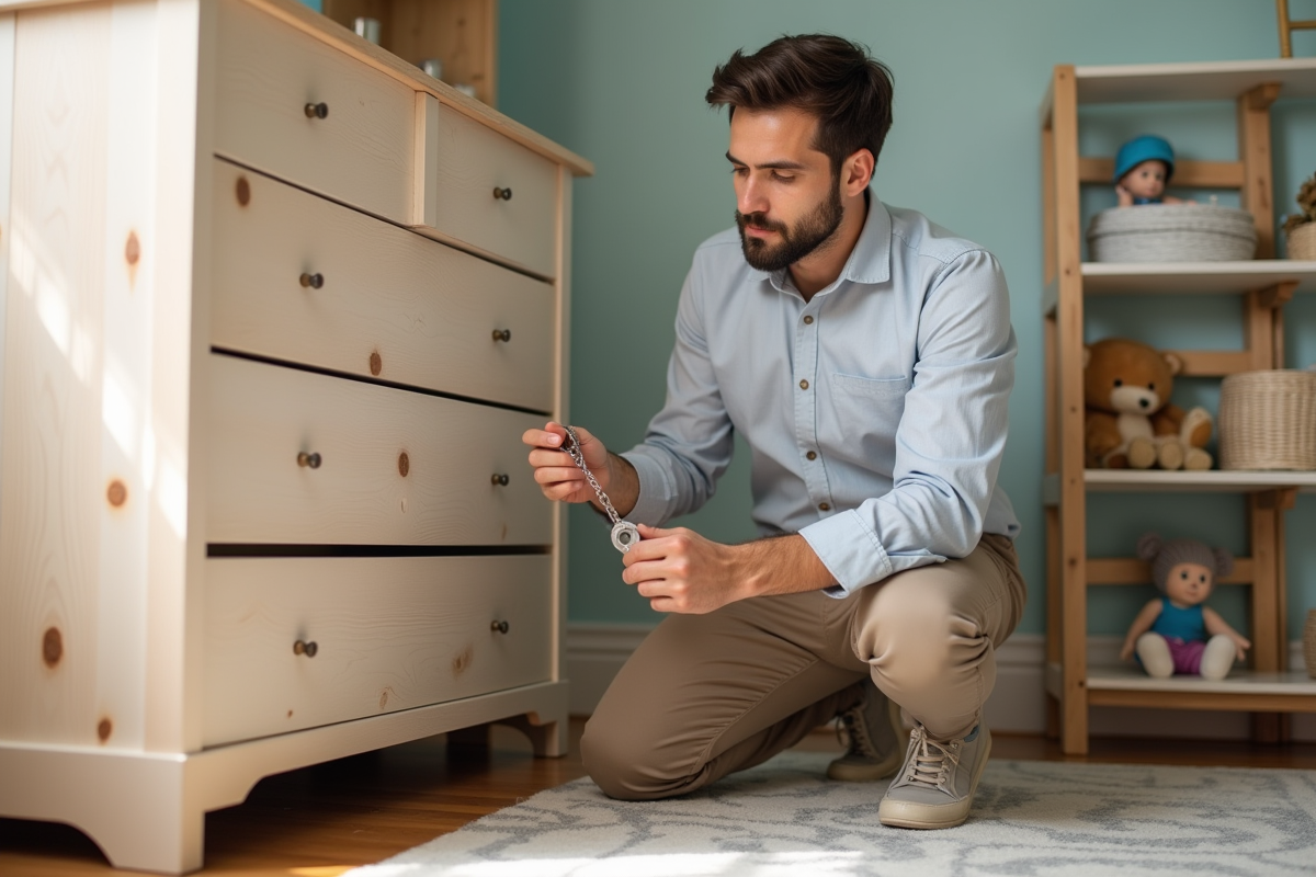 Jeune père fixant un meuble à la paroi dans une chambre d