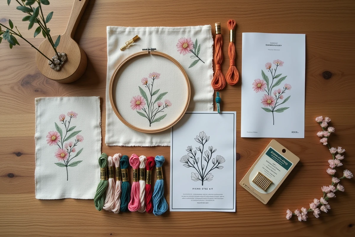 Kit de broderie premium pour débutant présenté en flat lay avec fils colorés, tambour en bois et tissu imprimé