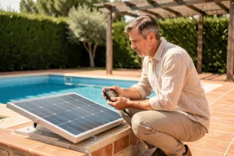 Propriétaire inspectant un kit solaire autoconsommation installé près d'une piscine résidentielle dans un jardin ensoleillé